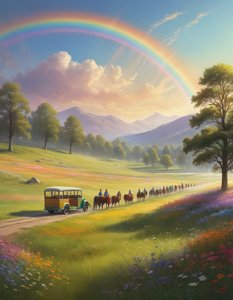 A serene landscape with a rainbow arcing over a sunny meadow, where a joyful coach is guiding a diverse group of people in a circle, practicing mindfulness and laughter. Include elements of nature, like blooming flowers and gentle streams, symbolizing growth and tranquility. The scene radiates warmth, positivity, and a sense of community. pastel colors. super-realistic. vibrant.