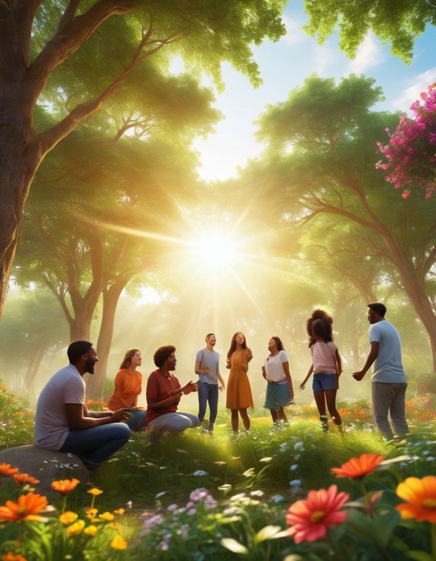 A diverse group of happy people from different backgrounds, engaging in a lively discussion surrounded by nature, symbolizing growth and connection. Bright greenery in the background with vibrant flowers blooming, representing elation and community spirit. Subtle rays of sunlight breaking through the trees, casting a warm glow over the scene. super-realistic. vibrant colors. natural setting.