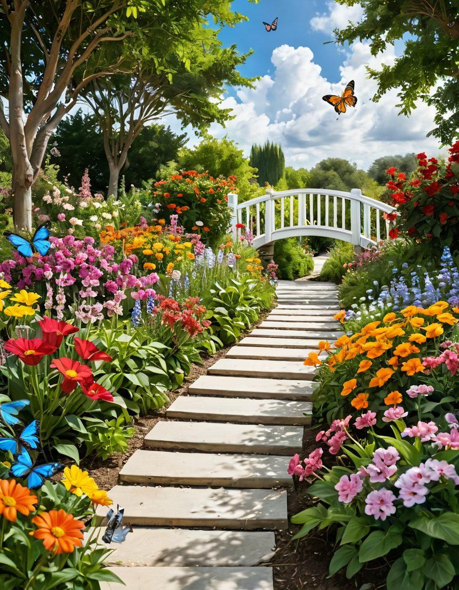 A vibrant path winding through a lush garden filled with colorful flowers, representing a joyful journey. Include sunlit elements like butterflies and smiling faces, radiating happiness. A bridge in the distance symbolizes overcoming challenges, while soft clouds float above, suggesting peace and bliss. super-realistic. vibrant colors. white background.